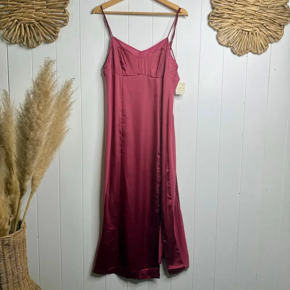 Free People maxi dress in satin maxi slip side slit boho evening long Large